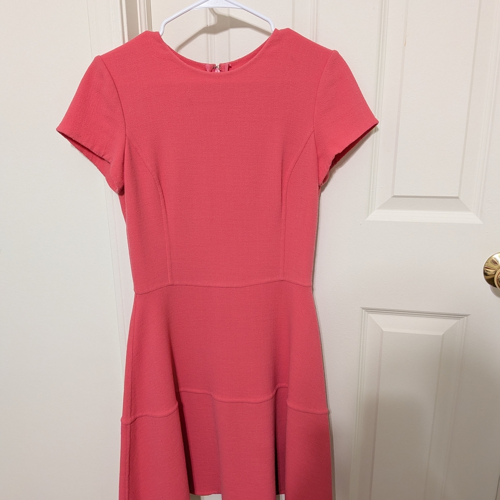 Oscar de la Renta Coral Pink Short Sleeve Fit and Flare Crepe Dress